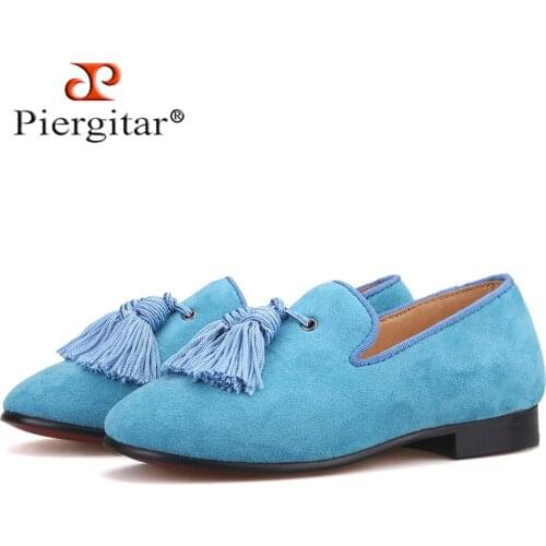 Piergitar sky blue suede same men loafers design children tassel loafers parental shoes party kids smoking slippers red bottom