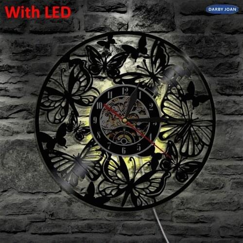 Butteryfly Vinyl LP Animals Record Wall Light Creative Timepiece Home Decor Vintage Handmade Gift Decorative Clocks