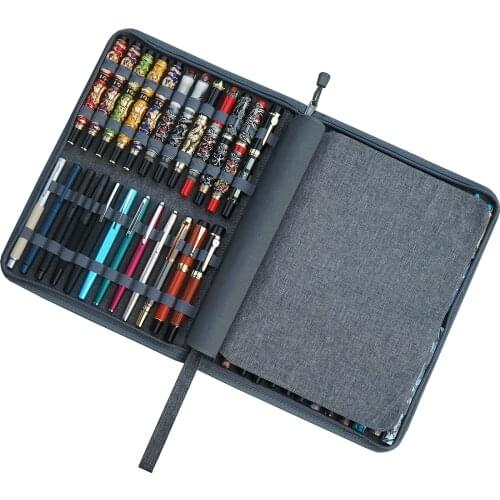 48 Slots Gray Fountain Pen Case, Canvas Pen Holder Display Pouch Bag Storage Large Capacity Waterproof Office Business Style