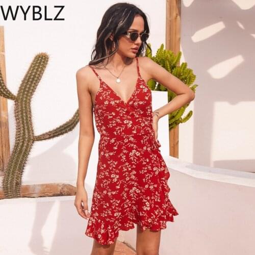 WYBLZ Sexy Spaghetti Strap Dress Floral Print Wrap Sleeveless Backless Casual Holiday Dresses 2021 Summer Women Party Mini Dress
