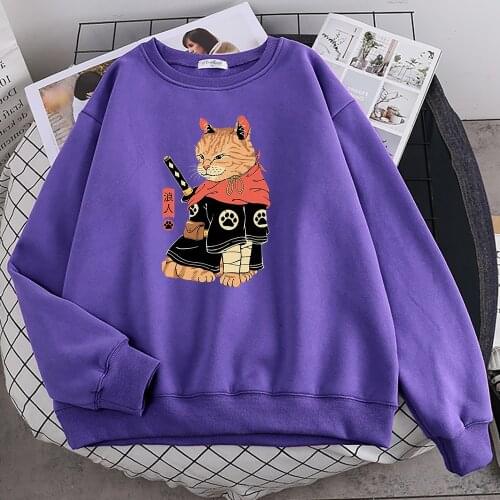 Japan Ukiyo E Style Orange Cat Printed Hoodie Women Harajuku Fit Hoody Fashion Big Size Pullover Casual fur-liner Hooded Female