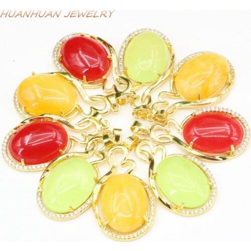 Female Drop Chain Necklaces pendants Natural Stone Jades Chalcedony Zircon Gold-Color Stainless Steel Pendants 19x36mm B3340