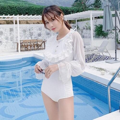 Swimsuit Ladies Womens Swimsuits Women Swimwear Woman One Piece New For Covering Sexy Long Sleeve Korea Polyester Solid Trikini