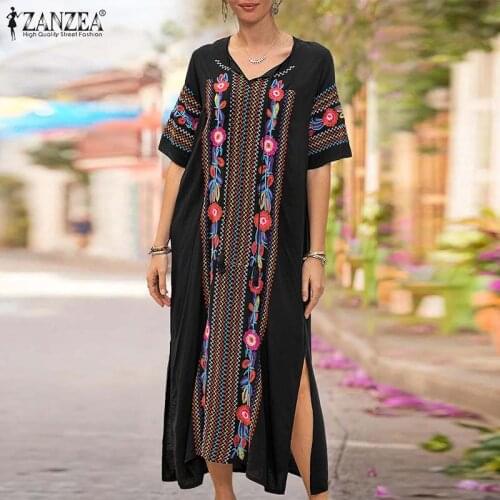Summer Short Sleeve V Neck Dress Women Bohemian Printed Sundress ZANZEA Floral Ethnic Tassel Vestidos Tasse Vintage Midi Kaftan