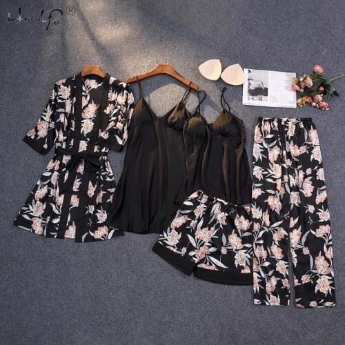 2020 Spring Autumn Women Silk Pajamas Sets With Chest Pads Flower Print Pijama Sleepwear 5 Pieces Spaghetti Strap Satin Pyjamas