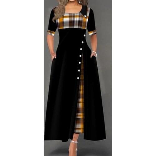 Womens Summer Fashion Half Sleeve Plaid Print Button Detail Dress Plus Size Elegant Party Maxi Dress Long Vestidos