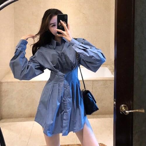 Dress female new solid color waist single-breasted shirt dress pleated lantern sleeve high waist was thin elegant dress