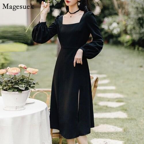 Vintage Chiffon Dress Women Long Sleeve Black Summer Dress 2021 Square Collar Split Sexy Party Ladies Dresses Vestidos 13234