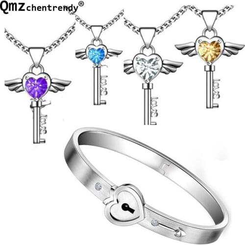 2017 Popular Men Women Stainless Steel Cubic zirconia Heart Key Necklaces Lock Bangles Bracelet For Lovers Couples Jewelry Sets