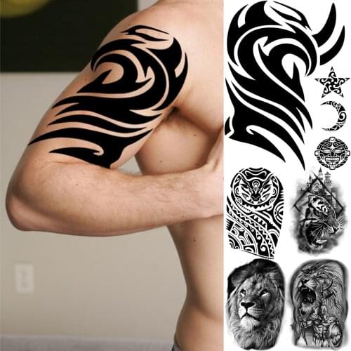 Black Totem Arm Temporary Tattoos For Men Adult Lion Tiger Tribe Realistic Fake Tattoo Sticker Body Art Decoration Tatoo Paper