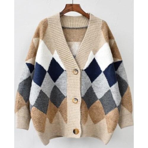 Spring Autumn Geometric Sweater Cardigans Women Loose Style Oversized Knit Overcoat Outerwear Tops V neck Warm Poncho Jumpers