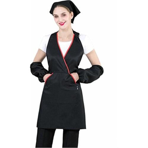 Long V-neck Apron Unisex Washable Work Chef Apron For Men Women Kitchen Restaurant Waiter Waitress Cook with Hat Cap and sleeves