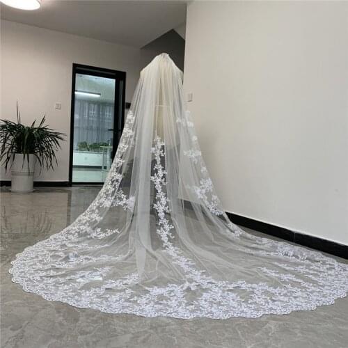 Cathedral Ivory Lace Bridal Veil With Comb White Long Appliques Luxury Tulle Wedding Veils for Brides 3 4 5 metres 1 T Velos