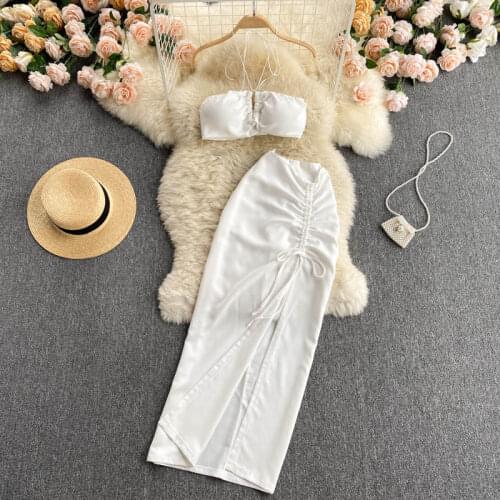 FTLZZ Summer Women Beach Skirt Two Piece Set Neck Strap Breast Wrapping Top High Waist Pleating Irregular Skirt Solid Color Suit