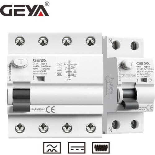 GEYA GYL9 Magnetic B Type RCCB Residual Current Circuit breaker DC ELCB 2P 4P 63A 30mA Type B RCD Leakage