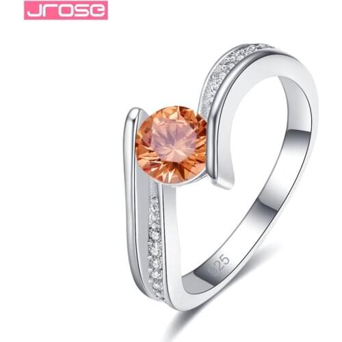 JROSE New Ordinary Design Charm Sterling Silver 925 Jewelry Champagne Round Zircon Women Rings Sizes 6 7 8 9 For Wedding Gifts