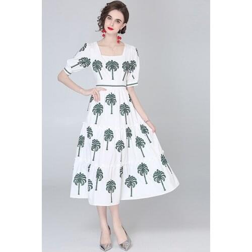 Coconut Tree Summer Dress Women Square Collar Short Sleeve Runway Dress Elegant Office Lady Europe Party Dress Holiday k8653