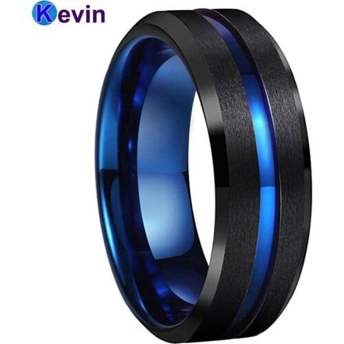 Black Blue Wedding Ring Men Women Tungsten Rings With Satin Finish Grooved Beveled 8MM Comfort Fit