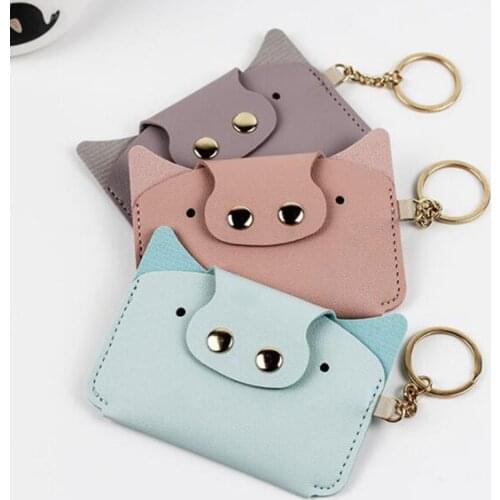 Creative Cartoon Card Holder Simple Animal Piggy Shaped PU Leather Kawaii Mini Wallets Keychain Coin Purse ID Card Bag for Girls