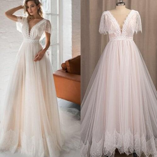 Deep V Neck Lace Wedding Dress with Train Polka Dots Tulle 2021 ROBE DE Low Cut Back Beach Boho Photography Bridal Gown