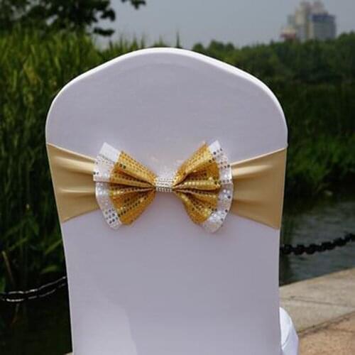 35*28cm 10Pcs Sequins Bow Tie Chair Sashes Wedding Party Chair Sash Spandex Elastic Chair Bands Chair Knot Cover for Banquet