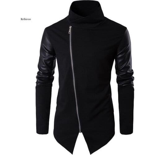 Fashion Black Leather Patchwork Turtleneck Jackets Overcoat Men Spring Autumn Punk Motor Coat Men Slim Plus Size