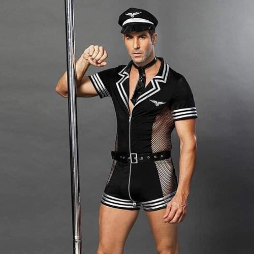 Mens Sexy Pilot Uniform Set Role Play Lingerie Night Club Pole Dance Costume Outfit