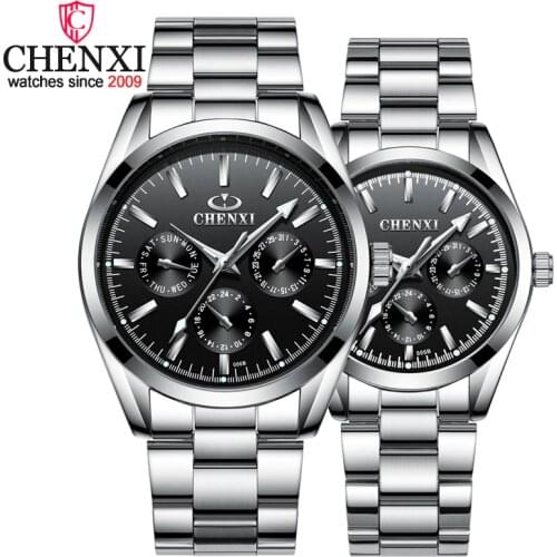 CHENXI Brand Luxury Quartz WristWatch 3 Small Decoration Dial Lover Couple Watches Silver Stainless Steel Men and Women Watches