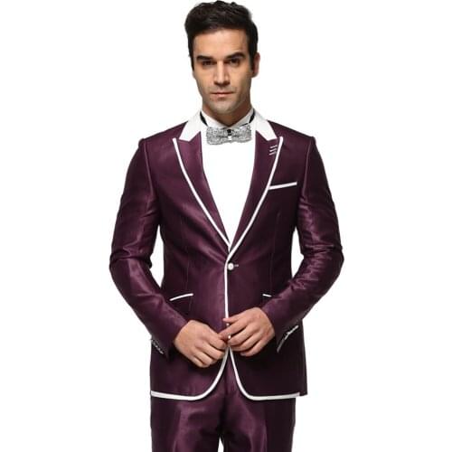 Latest Coat Pant Designs Purple Trim Satin Men Suit Slim Fit 2 Piece Groom Tuxedo Custom Blazer Prom Party Suit Terno Masculino