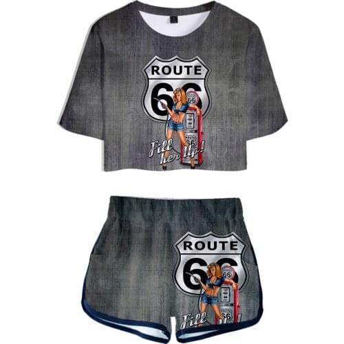 2021 new route 66 route 66 surrounding street hipster casual suit 3D womens short-sleeved short-sleeved shorts two-piece suit