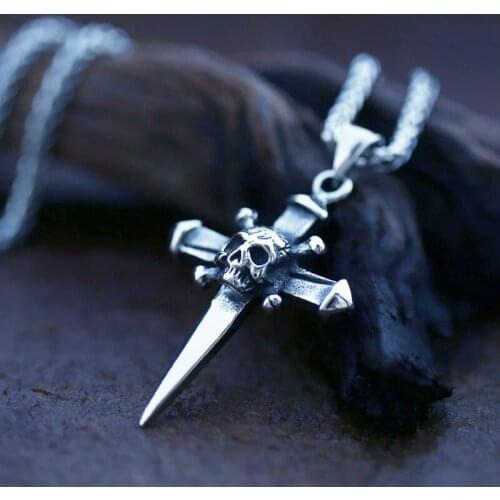 Gothic Skull Dagger Cross Pendant Necklace For Men Women Punk Biker Stainless Steel Chain Necklace Fashion Hip Hop Jewelry Gift