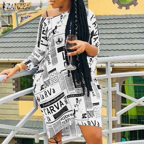 Casual Lady Sundress ZANZEA Fashion Printed Knee Vestidos 2021 Autumn Holiday Dresses Women Off Shoulder Loose Dress Oversize