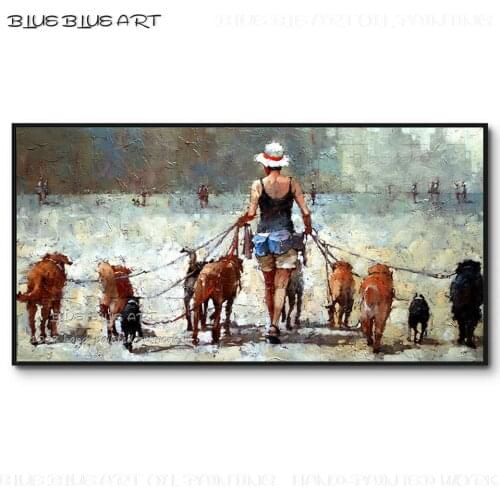 Professional Artist Hand-painted Wall Art Woman Walk the Dog Oil Painting on Canvas Handmade Woman Walk 10 Dogs Acrylic Painting