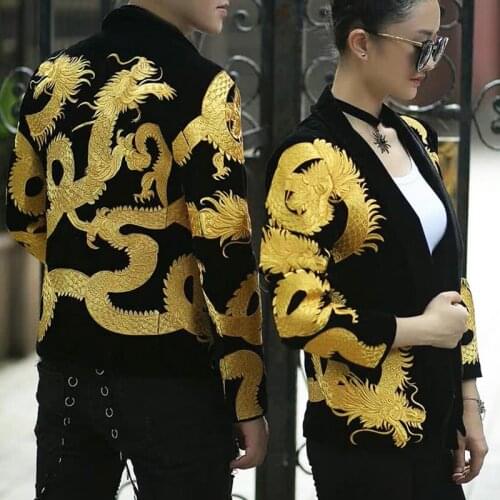 Luxury Dragon Embroidery Dress Clothing Men Velvet Party Banquet Blazer Men Slim Fit Sharp Brand Jacket Men Outwear 2021