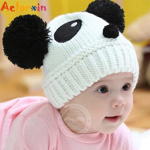 Warm Toddlers Baby Kids Cartoon Panda Ball Knited Crochet Beanie Cap Winter Hat Child Panda Wool Cap for 1 To 4 Years Old Baby