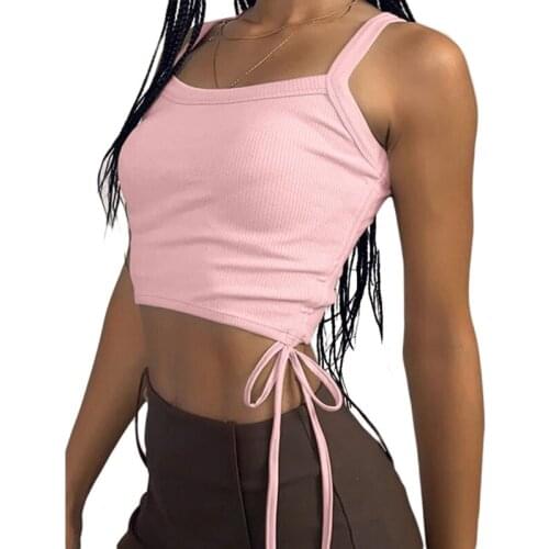 2021 Cropped Tops Solid White Lace Up Bandage Tank Tops Vintage 90s Tops Streetwear Simple Style Ruched Tee Clothes