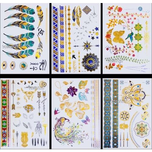 Peacock butterfly Lotus Temporary Tattoo Women Party Body Arm Art Fake Flash Tatoos Gold Metallic Tattoo Stickers Girl Bracelet