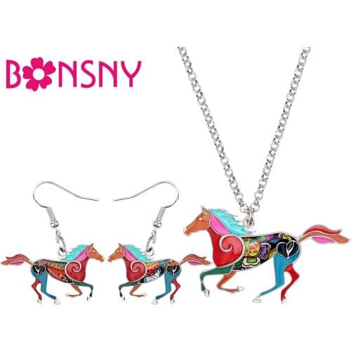 Bonsny Enamel Alloy Running Horse Jewelry Sets Earrings Dangle Necklace Pendant Choker Fashion Animal For Women Girls Teen Gifts