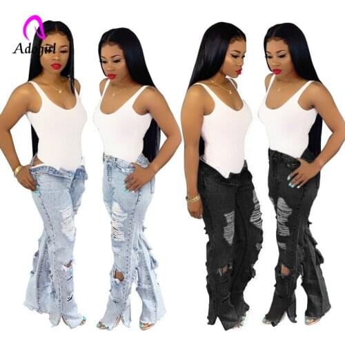 Black Frayed Edge Ripped Jeans Women Flare Side Slit Bottoms Autumn Shredded Casual High Waist Denim Hole Distressed Trousers