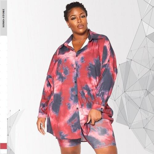 Plus Size 2 Piece Set Women Long Sleeve Shirt Loose Tie Dye Spring Outfit Elastic Biker Shorts Tracksuit Wholesale Dropshipping