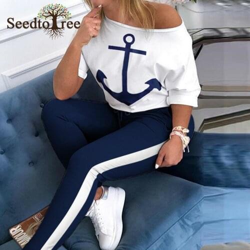 Anchor Print Skew Neck Casual Tops & Drawstring Striped Pants Sets Loungewear Women Two Piece Set Outfits
