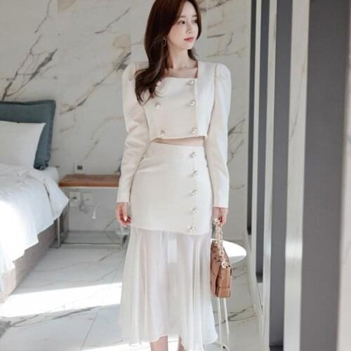 Women 2 Piece Set Office OL Elegant Square Collar Long Sleeve Pearl double breasted Top+High waist Bodycon Midi Skirt Outfits