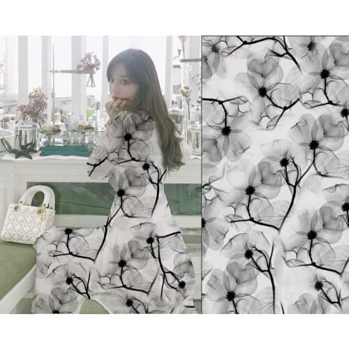 Hot Sale France style dress white Flowers printed fabric Brand Stretch Satin Silk Fabric 19mm 97% Mulberry Silk Cloth Cheongsam