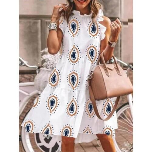2021 Summer Water Drop Ruffled Neck White Color Holiday Dress Women Bohemian Petal Sleeve Sleeveless Loose Vacation Dress