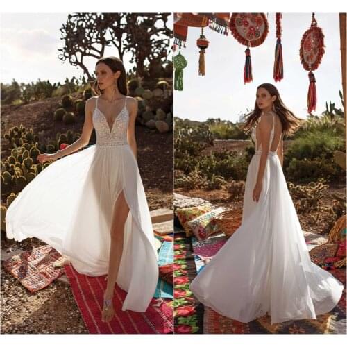 2020 A Line Wedding Dresses Spaghetti Straps High Split Lace Chiffon Bridal Gowns Backless Sweep Train Plus Size Wedding Dress