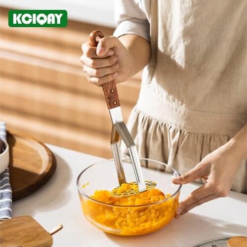 1Pcs Wood Handle Stainless Steel Potato Masher With Broad Mashing Plate For Smooth Mashed Potatoes Kitchen Fruit Vegetable Tools