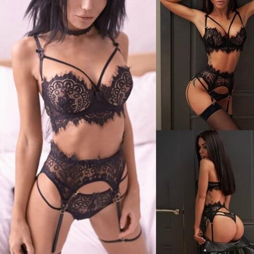 3pcs Transparent New Sexy Lace Lingerie Erotic Underwear Sleepwear Female Nightdress Pajamas Set Garter Lenceria Sensual Mujer
