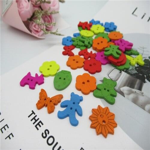 50pcs 20mm color mini animal flowers mixed two-eye patch coat wood button wood handmade swing baby DIY accessories