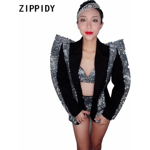 Sparkly Silver Rhinestones Bra Short Jacket Outfit Set Women Singer Dancer Wear Black Stage Wear Birthday Party Outfit Set