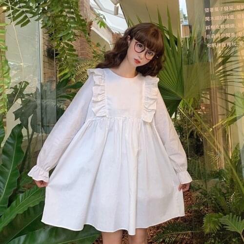 One Piece Korean Dress Women Sweet Girl Bow Long Sleeve Loose Dress Vestios Femme Mori Girl White Plaid Midi Dress Spring Summer